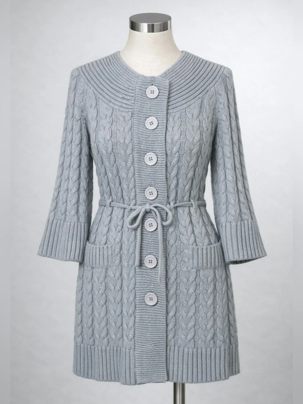 The LIMITED Gray Chunky Cable Knit Belted Cardigan | Long Line Duster | SMALL